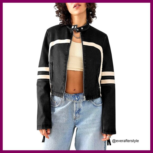 Faux Leather Cropped Moto Jacket Zip Up Stand Collar Chic Y2K Street Style
